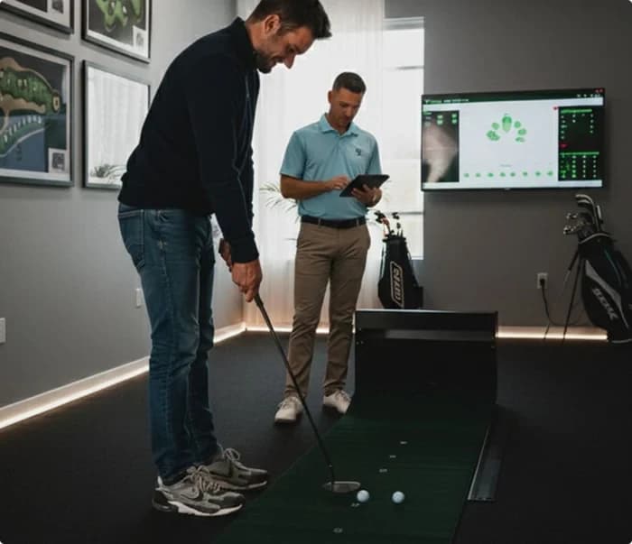 A guest putting on the WeGo Golf AI putting field while a WeGo Pro tracks the live leaderboard